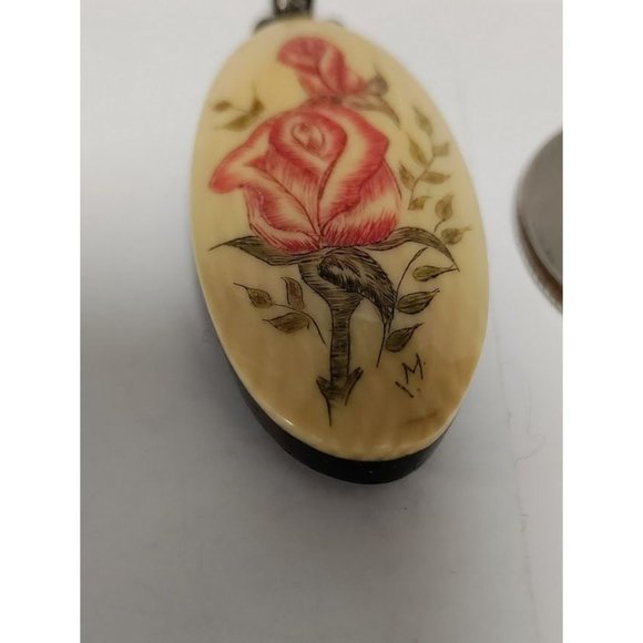 Vintage Hand Painted Miniature Pink Rose on Wooden Oval Pendant - Picture 5 of 7